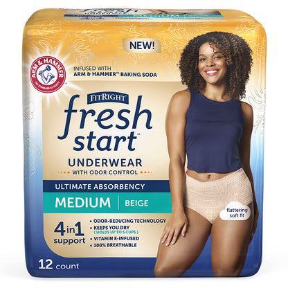 FitRight Fresh Start Women's Urinary & Postpartum Incontinence Underwear with ARM & HAMMER, Medium Beige (12-Pack)