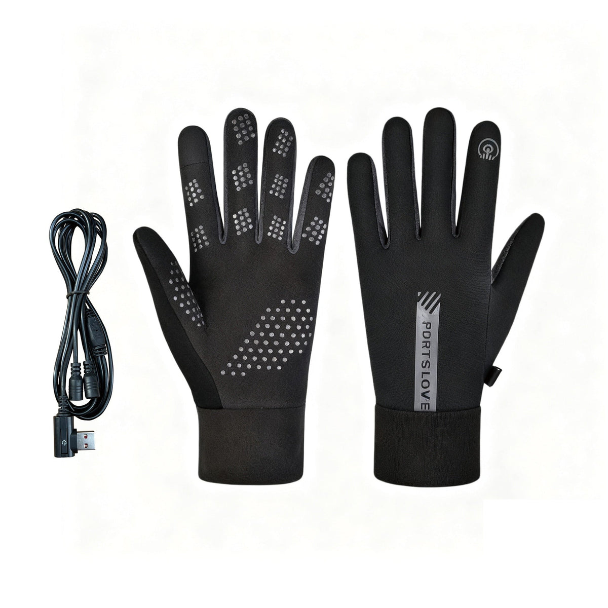 Outdoor waterproof USB heated gloves with three-setting temperature control, shown as a pair