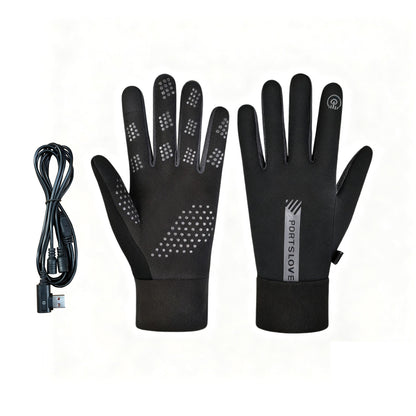 Outdoor waterproof USB heated gloves with three-setting temperature control, shown as a pair