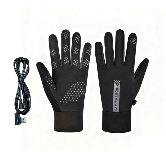 Outdoor waterproof USB heated gloves with three-setting temperature control, shown as a pair