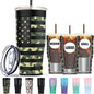 Camouflage-patterned stainless steel iced coffee sleeve by BACKUPMYFILESNOW.COM®, doubles as insulated holder for cold drinks on a small to large cup.