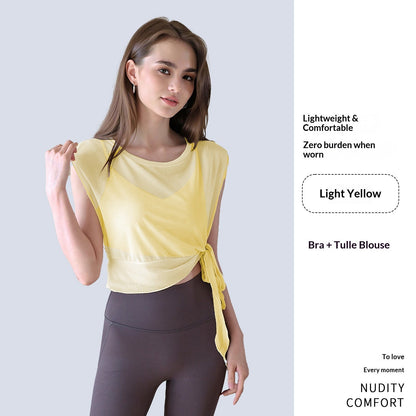 Women's summer 2-piece yoga outfit with short-sleeve top, built-in bra pads, and mesh detail