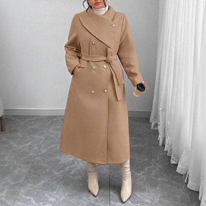 Women's winter double-breasted wool coat with asymmetrical collar in classic tailored style