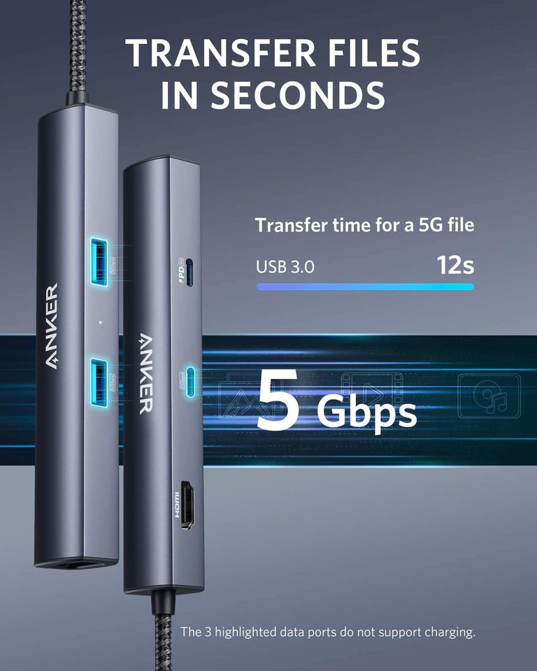 Anker 543 USB-C Hub 6-in-1 slim charging station with multiple ports, shown in close-up view.