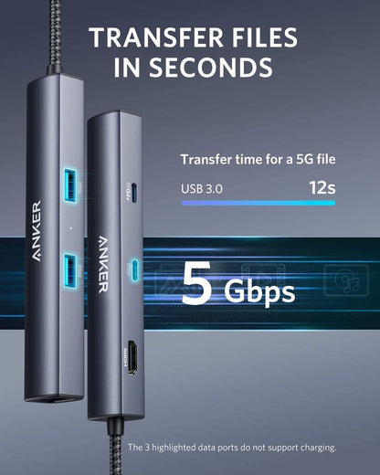 Anker 543 USB-C Hub 6-in-1 slim charging station with multiple ports, shown in close-up view.