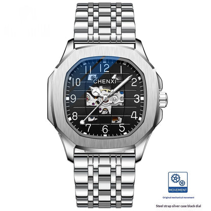 High-end square mechanical men's watch with classic dial and leather-style strap