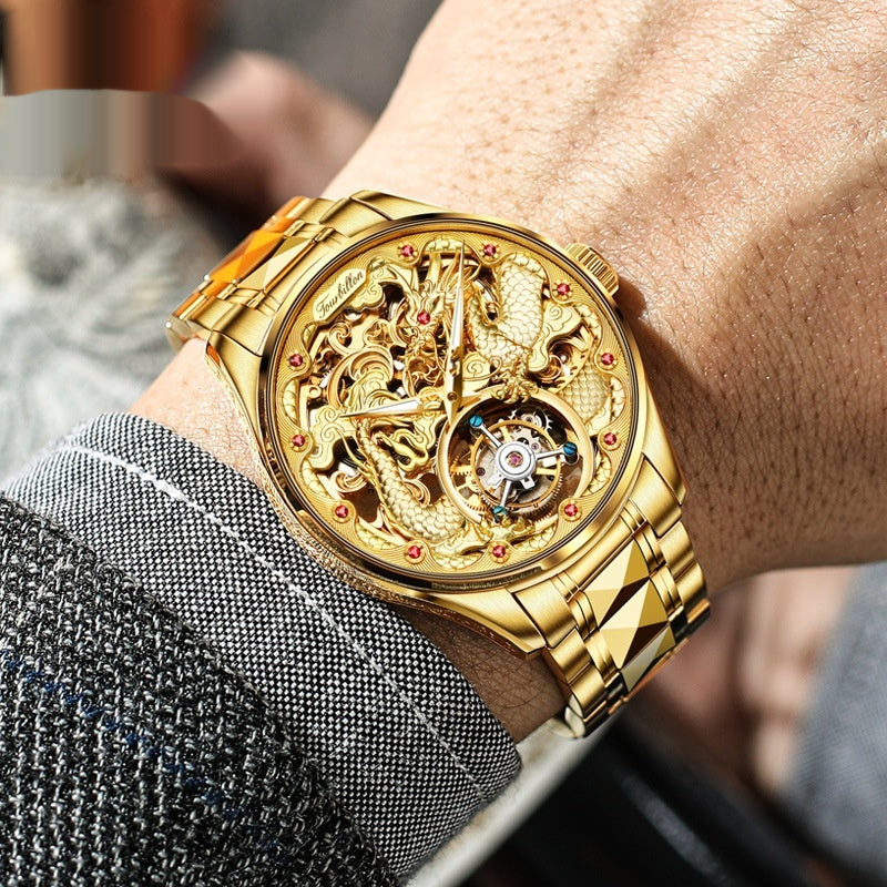 Men's water-resistant mechanical watch with hollowed-out design and stainless steel strap