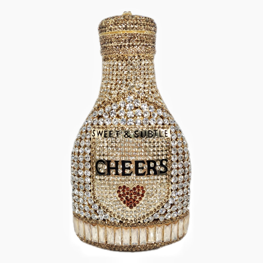Champagne bottle rhinestone evening clutch women's bag with sparkling crystal embellishments and chain strap