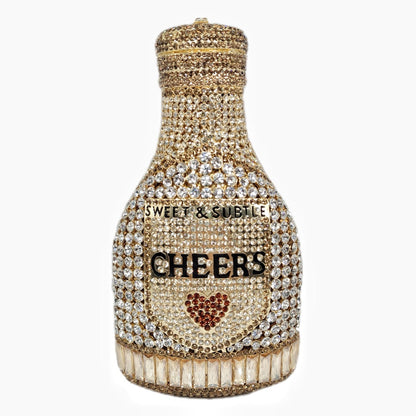 Champagne bottle rhinestone evening clutch women's bag with sparkling crystal embellishments and chain strap
