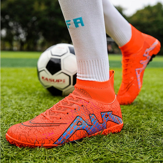 High-top soccer spike shoes with a supportive ankle design and textured sole for traction