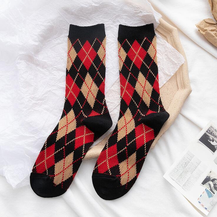 AutumnWinter women's mid-calf socks with diamond pattern, shown in a close-up view