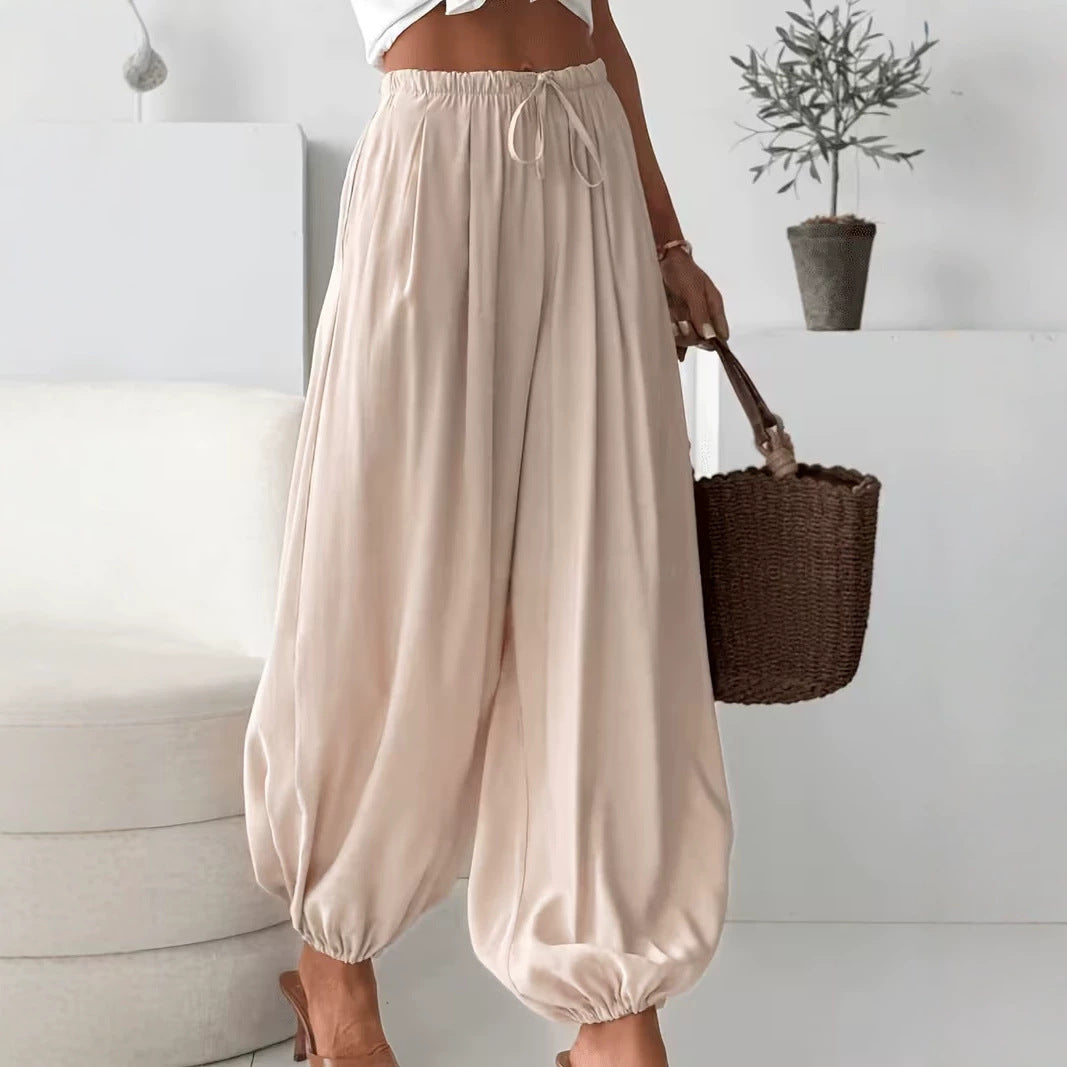 Women's summer loose drawstring wide-leg cropped harem pants with draped effect in black