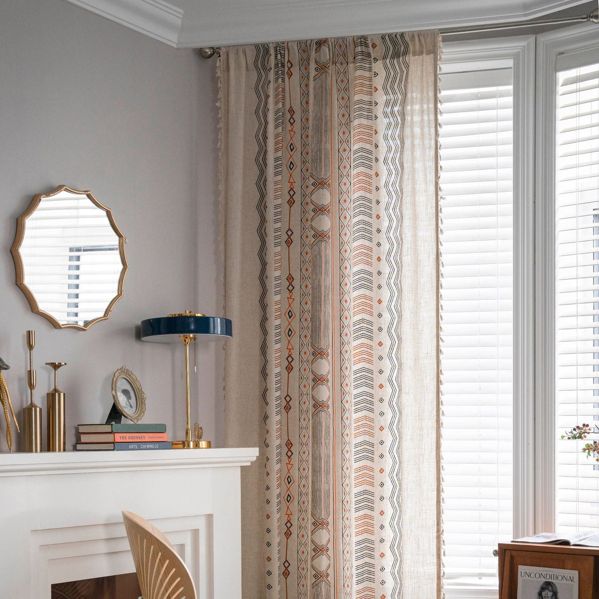 Boho cream cotton and linen print sun shade curtain fabric, non-punched design