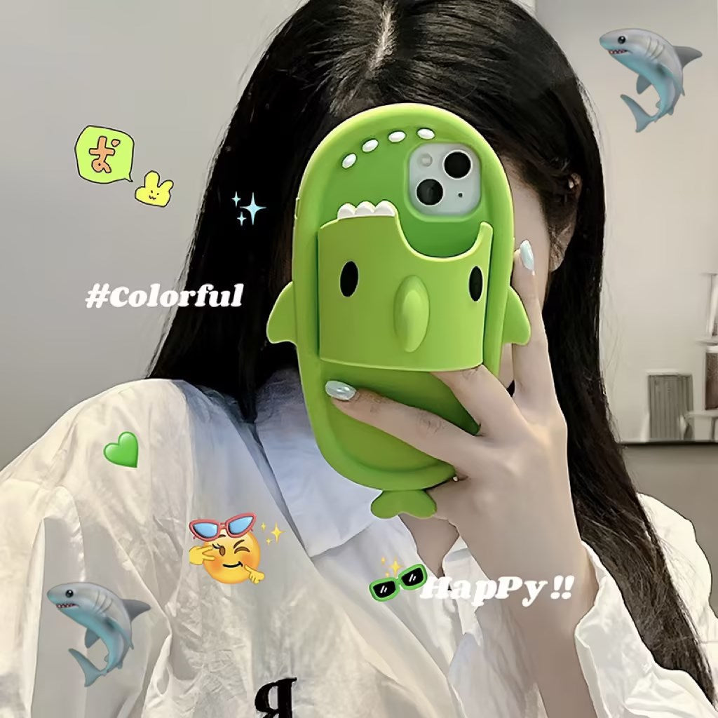 Funny shark slipper silicone phone case for iPhone 11–14 Pro Max, soft shockproof full-cover design