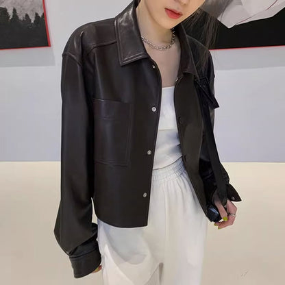 Short leather jacket for petite individuals, lightweight spring-autumn style in classic black
