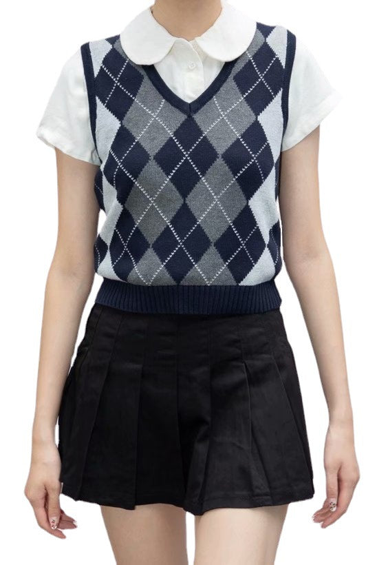 Retro preppy diamond-check knitted vest in a versatile style