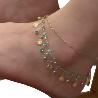 Ultra-shimmering double-layer shell tassel anklet with delicate layered design