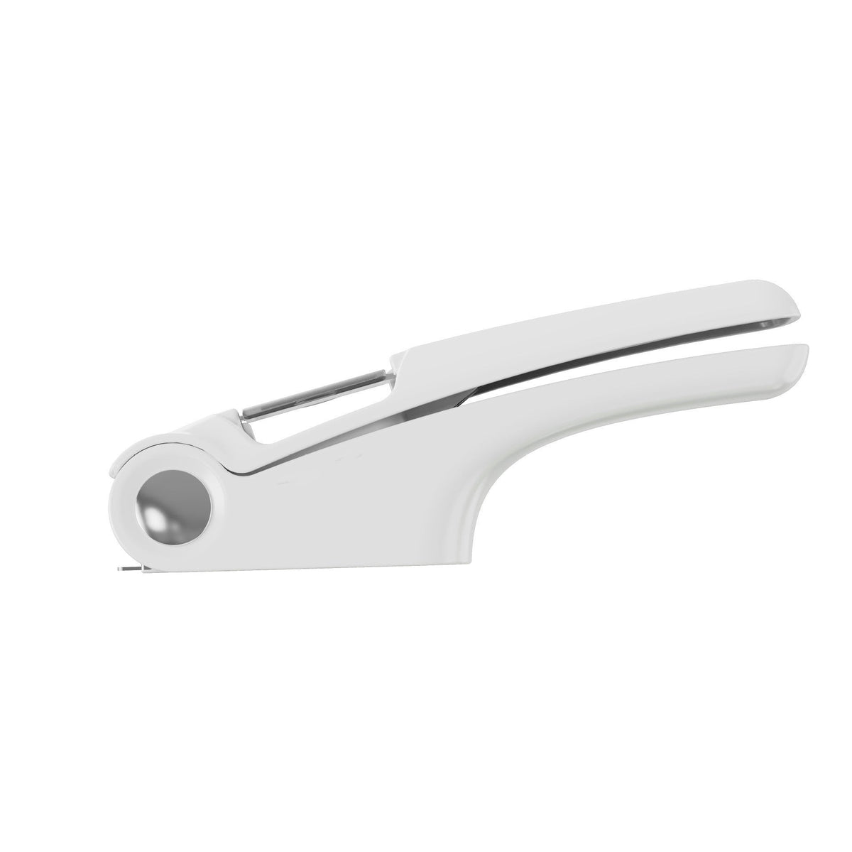 Manual garlic press kitchen gadget for crushing garlic cloves, stainless steel handheld design