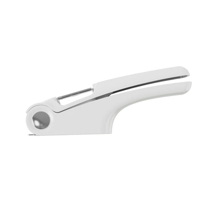 Manual garlic press kitchen gadget for crushing garlic cloves, stainless steel handheld design