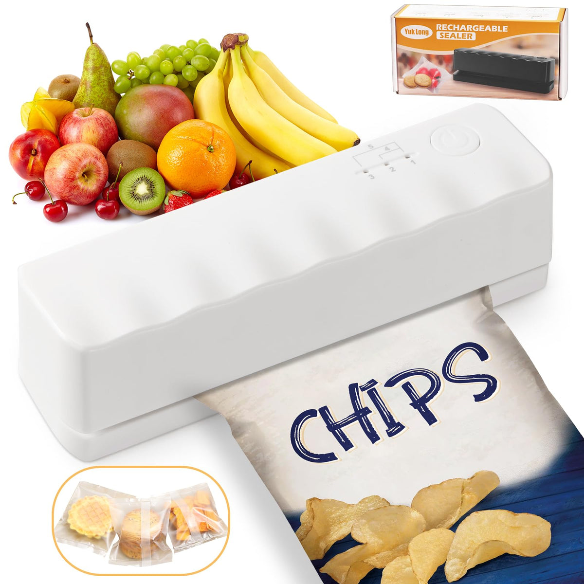 BACKUPMYFILESNOW® compact rechargeable bag sealer with 5-speed settings for resealing and preserving food efficiently.