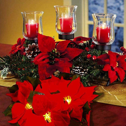Red flower string lights decorating a door frame, escalator-style design