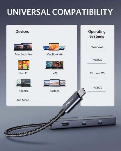 Anker 543 USB-C Hub 6-in-1 slim charging station with multiple ports, shown connected to a laptop.