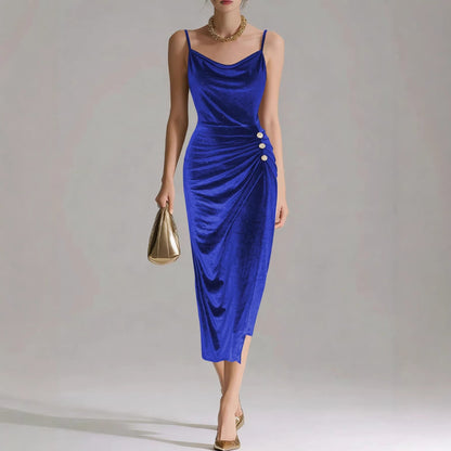 Shiny velvet bodycon dress with swing collar, waist-cinching fit, side slit, and spaghetti straps by My Store
