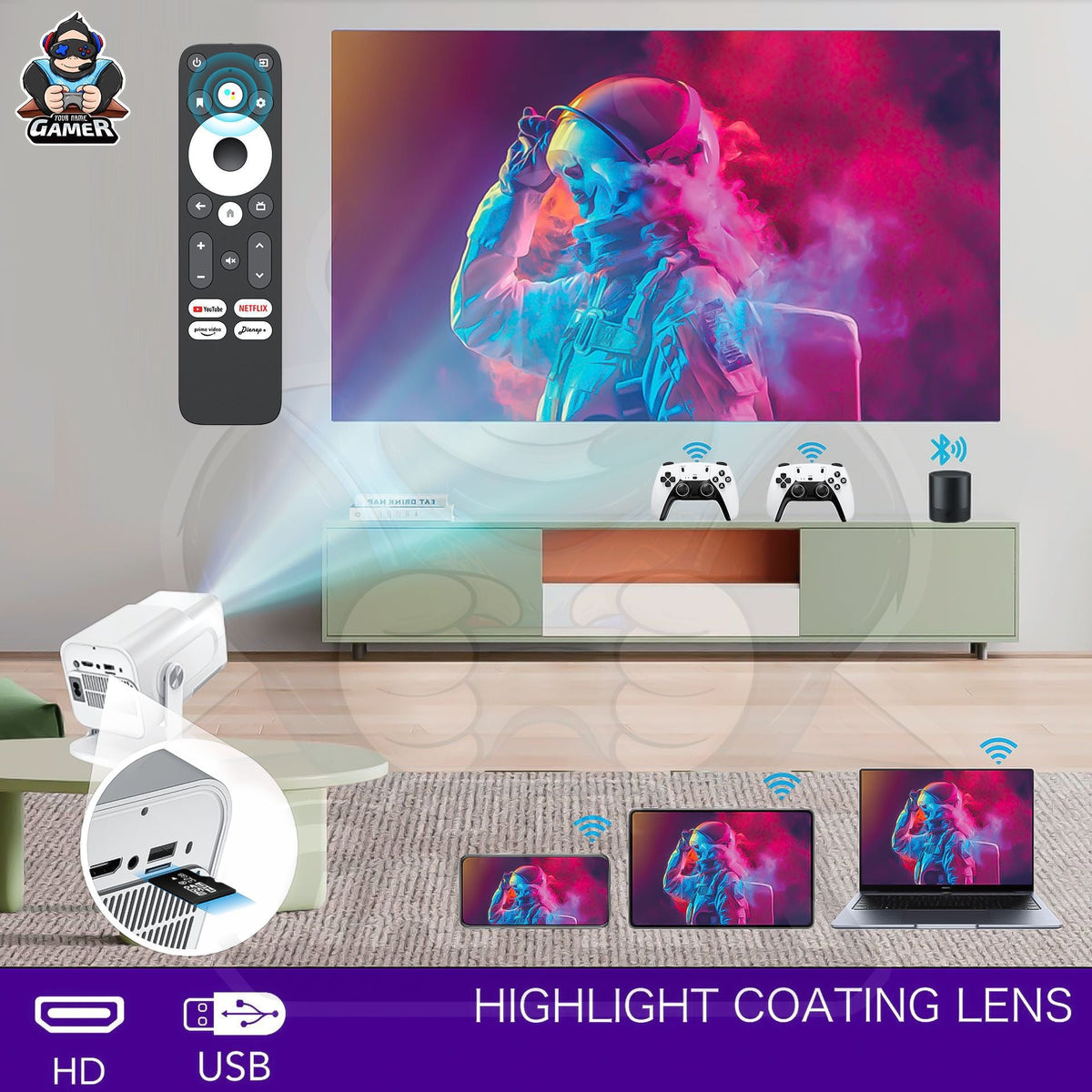 Mini Android game console with WiFi gamepad and 4K HD projector setup