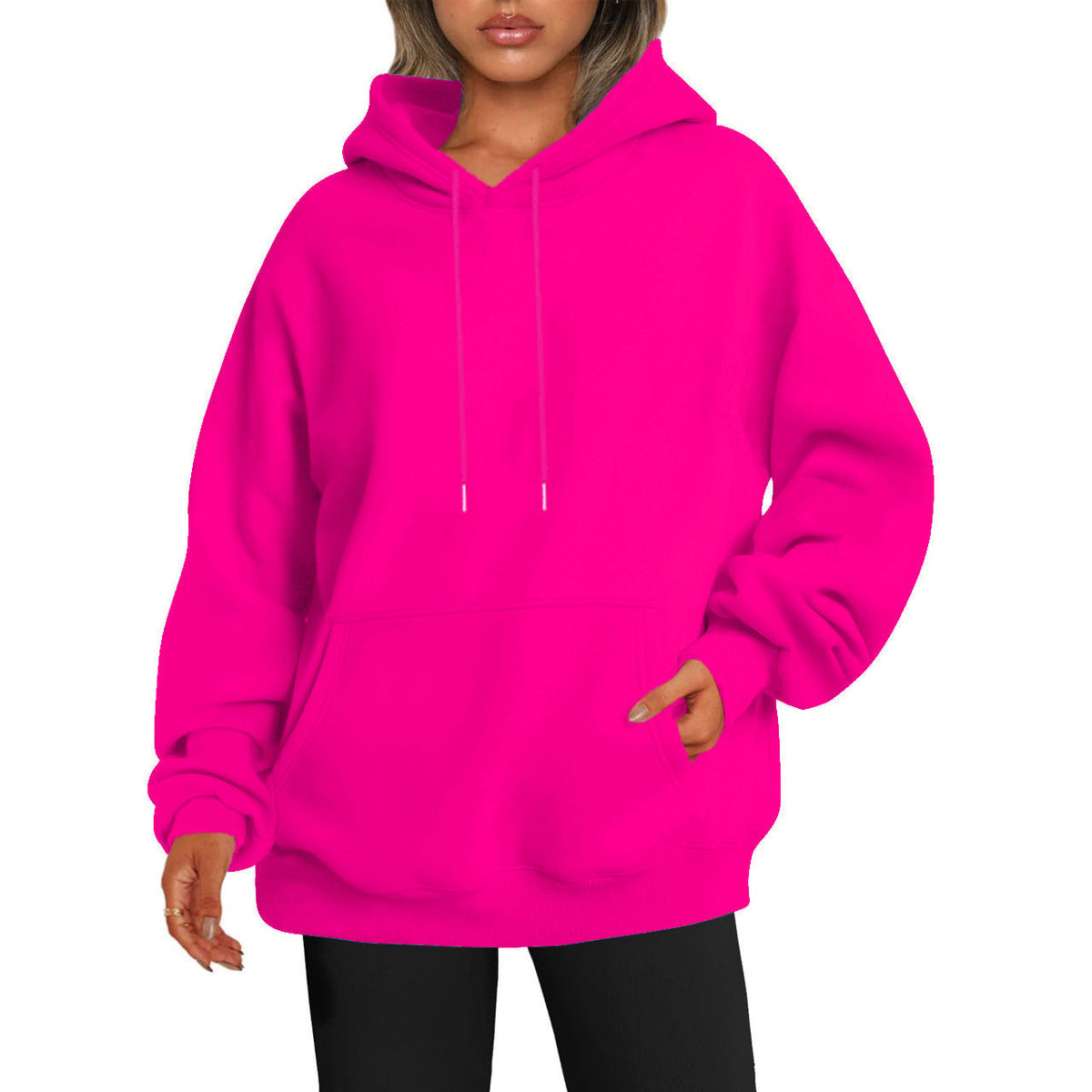 Women's solid-color loose-fit drop-shoulder hooded sweatshirt, front view
