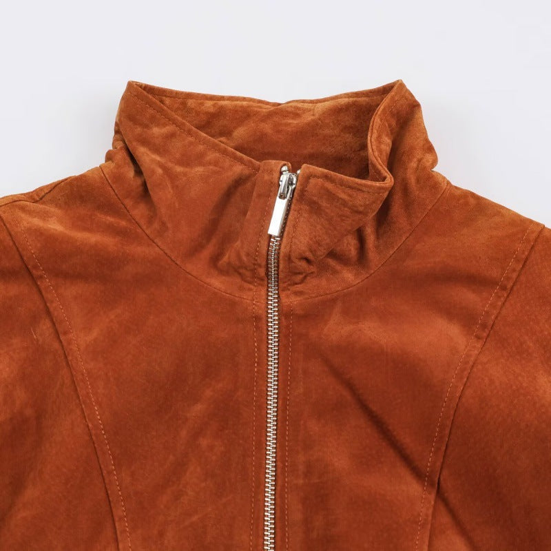 Vintage leather stand-collar flight jacket in classic brown with front zip closure and ribbed cuffs