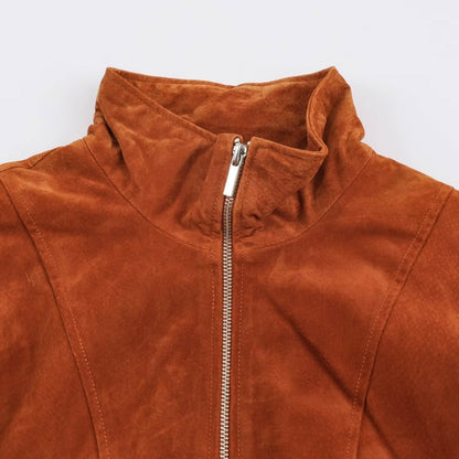 Vintage leather stand-collar flight jacket in classic brown with front zip closure and ribbed cuffs