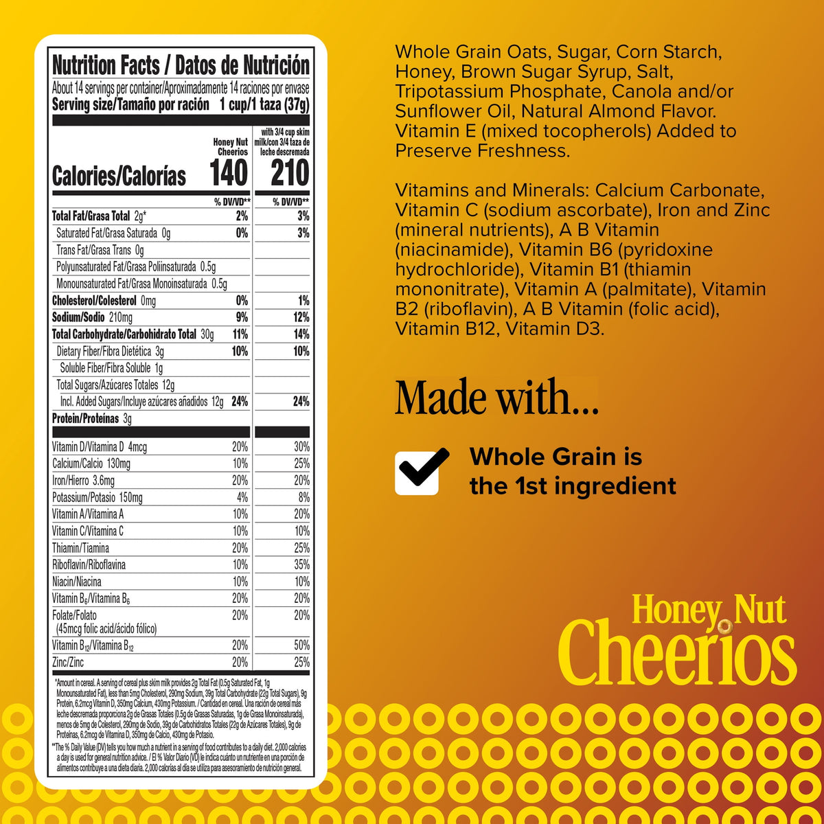 BackUpMyFileSnow® Honey Nut Cheerios gluten-free breakfast cereal box with heart-healthy oats and honey nut flavor, family size package.