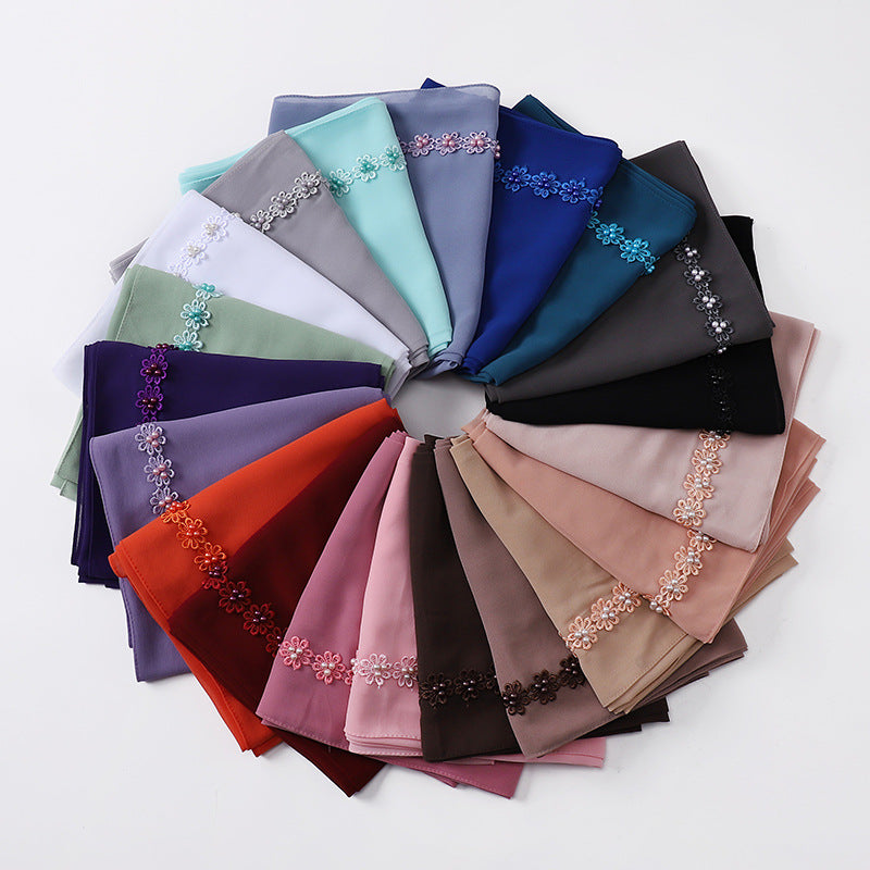 Pearl chiffon headscarf with decorative nail pearl accents