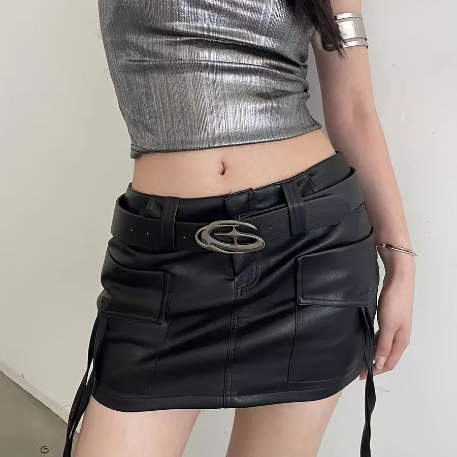 Women's slim leather belt with hollowed-out irregular buckle in designer-inspired style