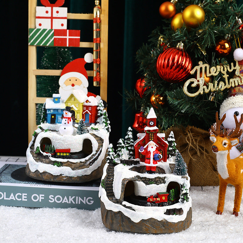 Christmas rotating train resin decoration with concert scene and festive details