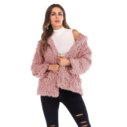 Solid color casual plush hooded jacket by BACKUPMYFILESNOW.COM®, featuring a cozy hood and soft plush fabric.