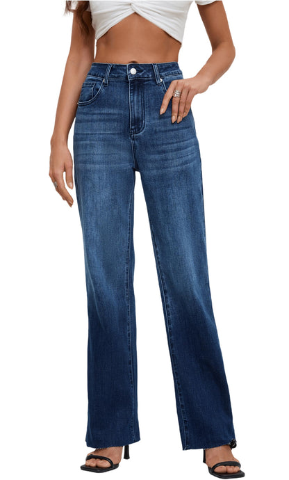 Back view of ETTELO high rise stretch denim jeans for women in navy blue by BACKUPMYFILESNOW®