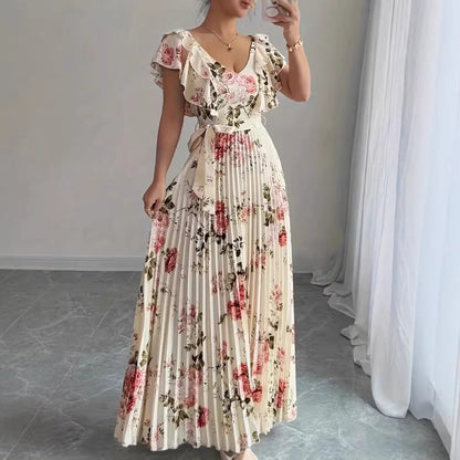 Women's V-neck printed ruffle A-line dress by My Store