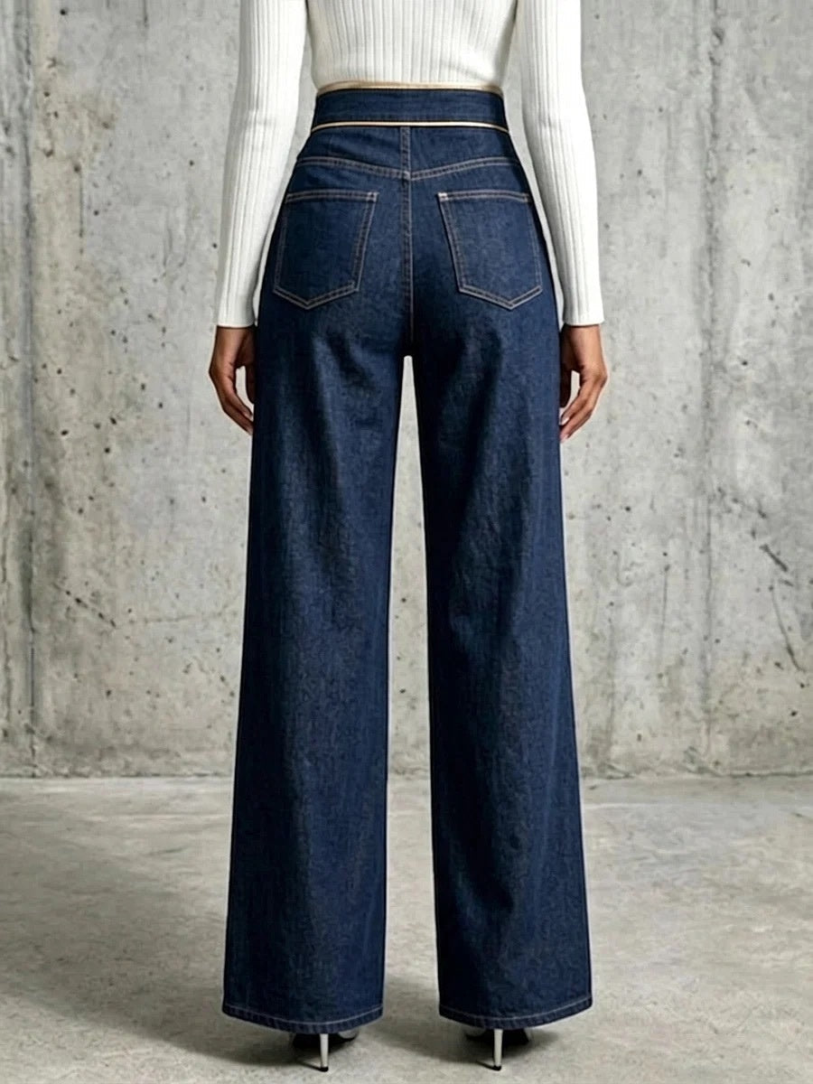 Women's irregular straight-leg denim trousers by My Store, front view