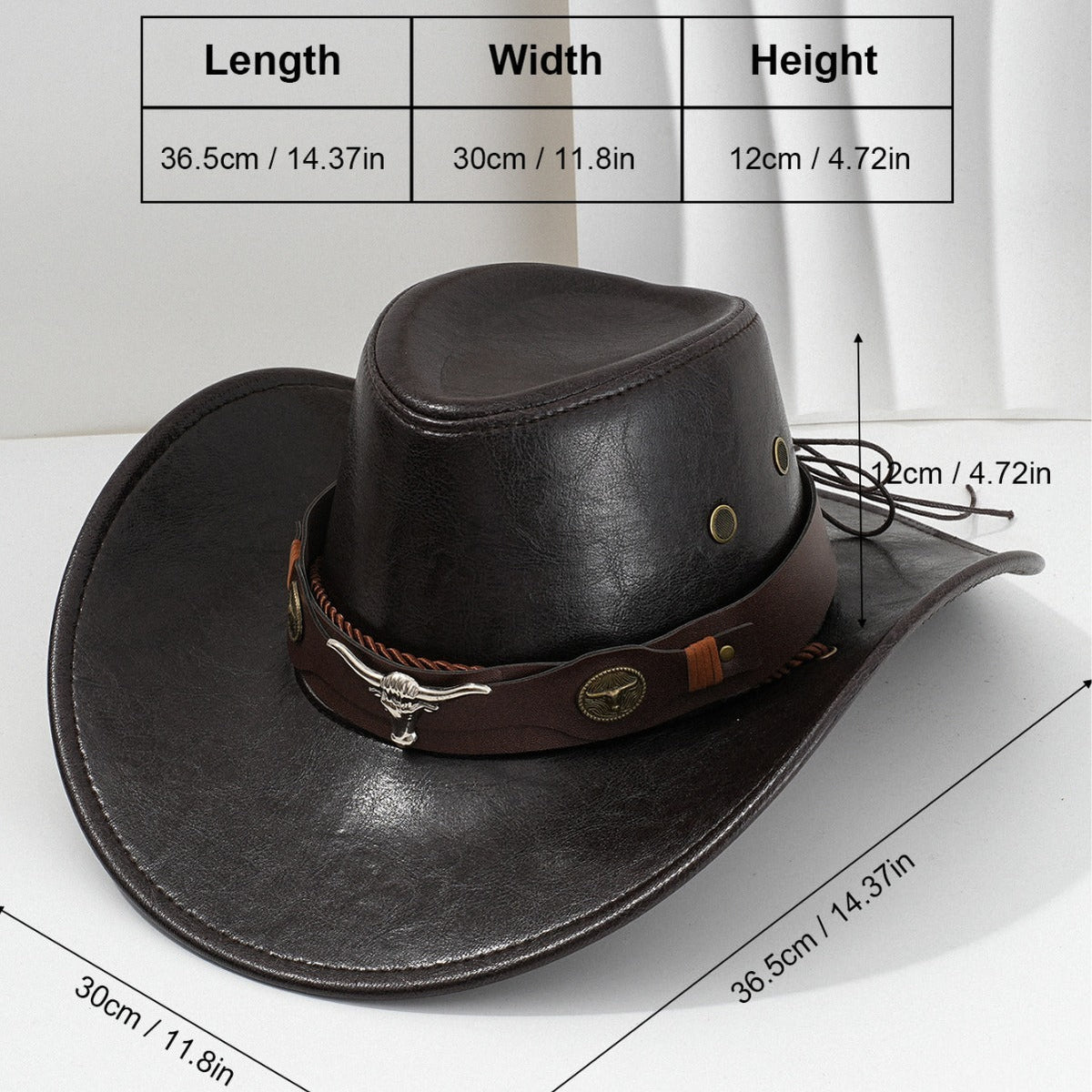 PU leather denim hat with metal 3D ox-head detail and retro curved brim