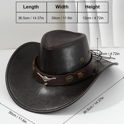 PU leather denim hat with metal 3D ox-head detail and retro curved brim