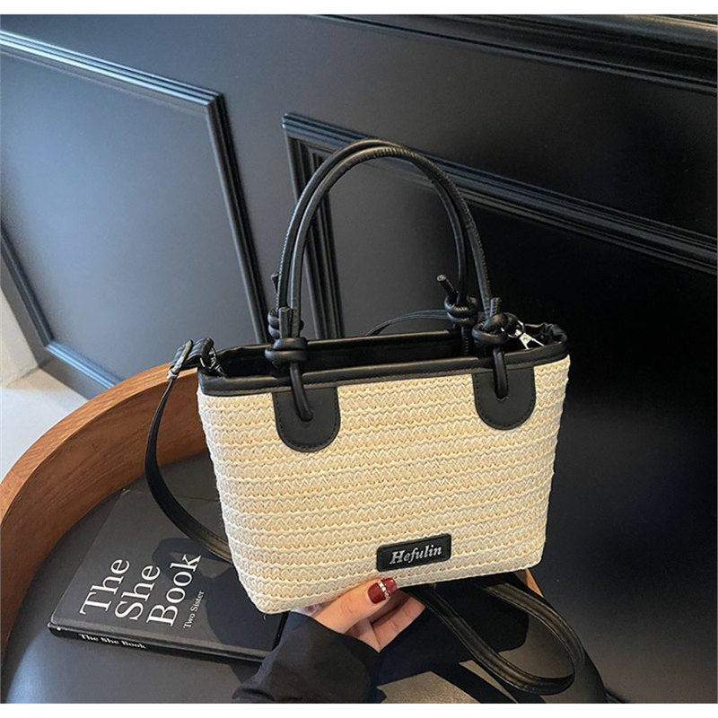 Summer vacation beach-style straw tote and crossbody bag with woven texture and adjustable strap
