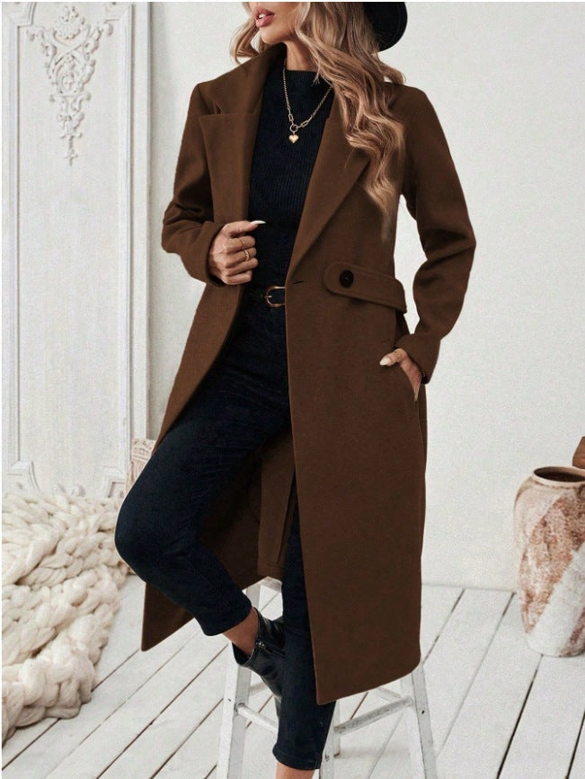 Women's solid-color wool coat with lapel collar and double-breasted front - My Store