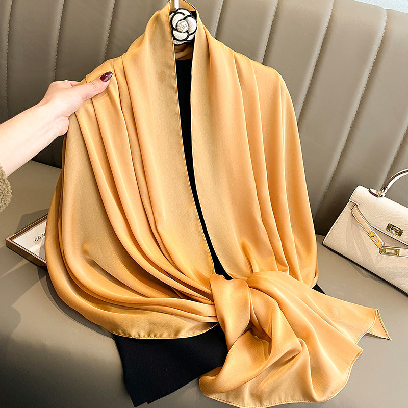 Korean-style solid-color silk beach scarf for women, lightweight summer sun-protection accessory