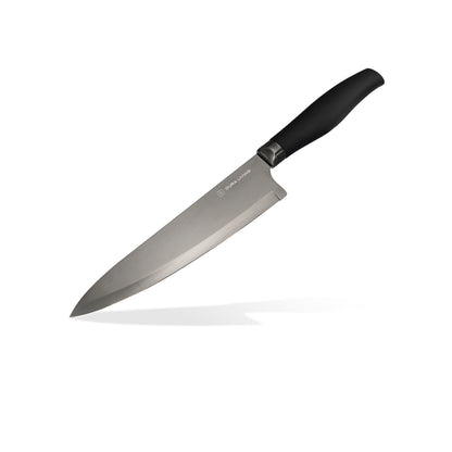 Dura Living Titan 12-piece black kitchen knife set with stainless steel blades and ergonomic handles, displayed on a wooden surface.