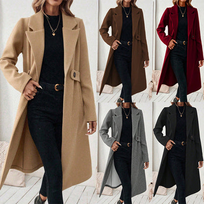 Women's solid-color wool coat with lapel collar and double-breasted design