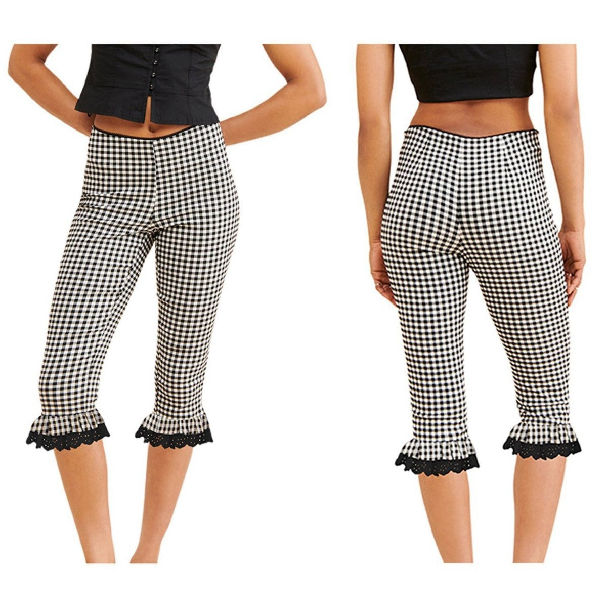 Women's plaid capri pants with lace flounce hem