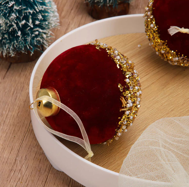 Burgundy flocking glass Christmas ball ornament with textured snow-like finish