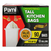 PAMI Tall 13-Gallon Kitchen Drawstring Trash Bags [90-Pack White] - Extra-Strong Plastic Garbage Bags- Thick Trash Can Liners For Kitchen Bathroom & Outdoor Bins- 2ft x2ft Unscented Trash Bags