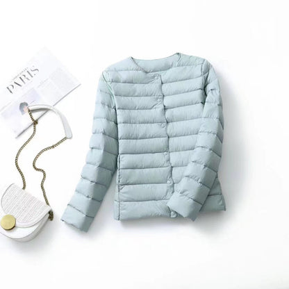 Women's lightweight white duck down jacket, front view